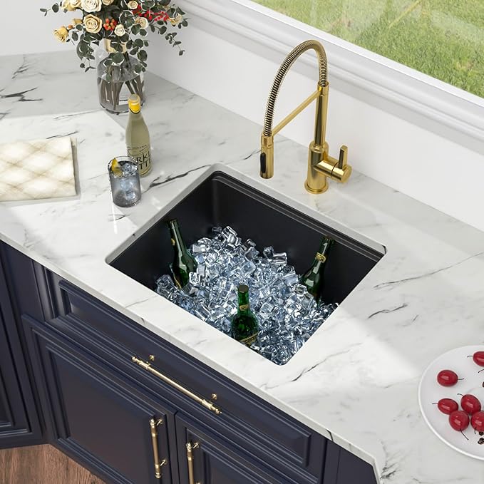 Kichae Black Undermount Bar Sink - 21 x 18 Black Composite Granite Undermount Wet Bar Prep Kitchen Sink