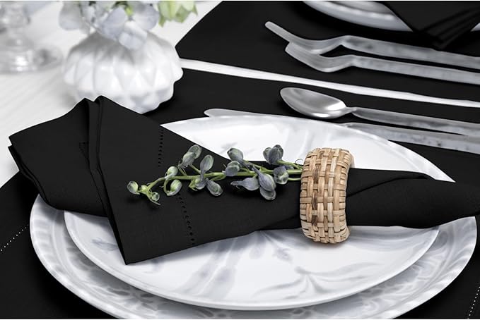 Solino Home Black Linen Napkins Set of 6-100% Pure Linen Hemstitch Dinner Napkins 20 x 20 Inch for Fall, Autumn, Winter, Thanksgiving, Christmas, Holiday - Classic Hemstitch