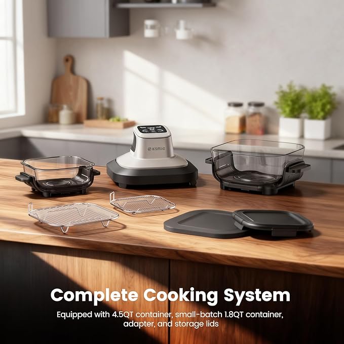 Kismile Air Fryer, 4-in-1 Portable Glass Air Fryer Cooking System, 4.5QT & 1.8QT Glass AirFryer Containers with Storage Lids, Air Fry, Grill, Bake, Roast, Microwave, Freezer & Dishwasher Safe, 1550W