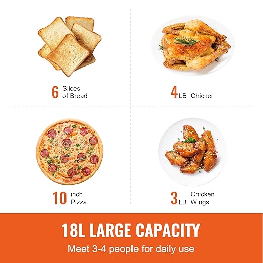 VEVOR 7-IN-1 Air Fryer Toaster Oven, 18L Convection Oven, 1800W Stainless Steel Toaster Ovens Countertop Combo with Grill, Pizza Pan, Gloves, 6 Slices Toast, 10-inch Pizza, Home Use