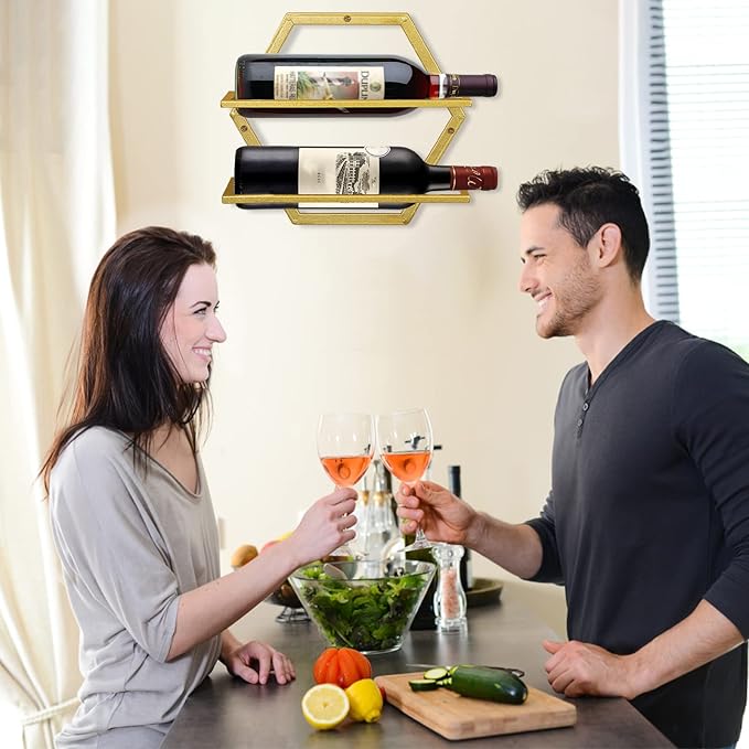 Wall Mounted Wine Bottle Rack, Gold Metal Hanging Wine Display Holder Organizer, Red Wine Racks for Home Kitchen Bar Decor Storage