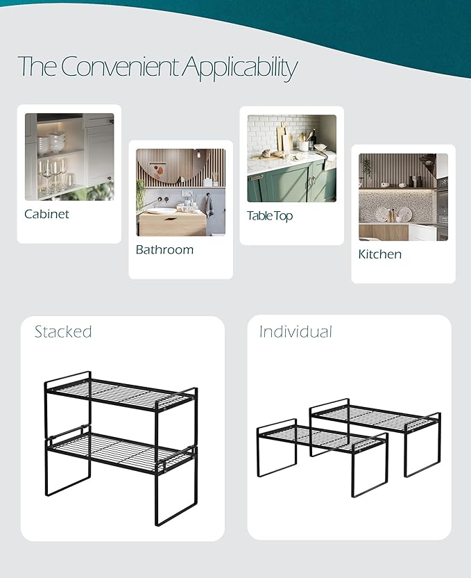 2Pack Cabinet Shelf Organizer Storage Rack Space Saving for Kitchen Counter Pantry Bathroom Cupboard Under Sink Office Table Desk Steel Stackable Rust Resistant Heavy Duty Nonslip 16” Black