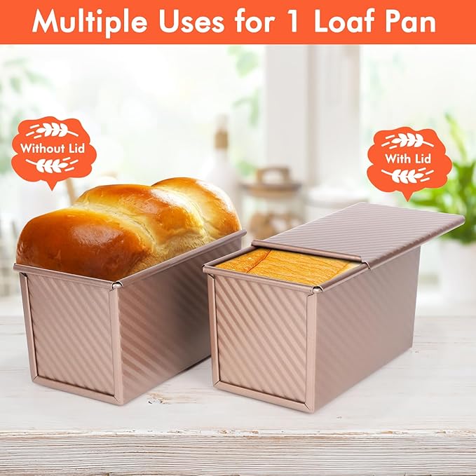 Beasea Pullman Loaf Pan with Lid, 1 Pack Non-Stick 1 lb Carbon Steel Bread Toast Box Baking Cake Mold with Cover for Homemade Bread Oven Baking - Rose Gold