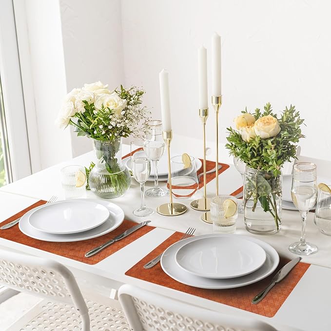 Vinyl Placemats Set of 6-12×17.7 Inch Waterproof & Heattable Placemats, Fall Faux Leather Wipeable Outdoor Table Mat for Dining, Kitchen, Indoor Outdoor Use (Caramel brown, Diamond pattern)