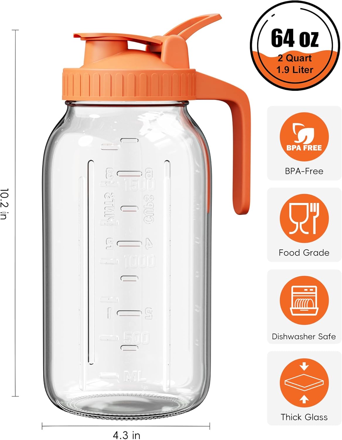 Glass Pitcher with Airtight Lid and Spout, 64oz Glass Mason Jar | Wide Mouth | Leakproof | Water Jug for Juice, Sun Iced Tea, Cold Brew Coffee, Milk Storage, Orange