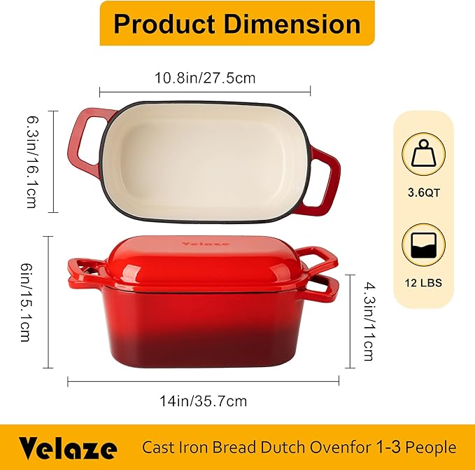 Velaze 3.6QT Dutch Oven for Bread Baking,Oval Cast Iron Enameled Bread Oven Pan with Lid and Offset Handles,Oven Safe to 500°F for Homemade Sourdough Bread(Red)