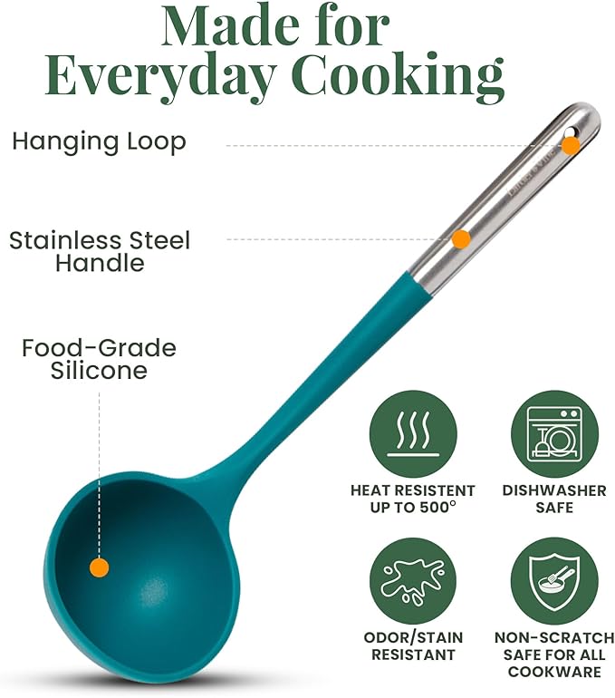 Larder & Vine 12-Piece Silicone Kitchen Cooking Utensils Set with Stainless Steel Handle and Ceramic Holder, Dishwasher Safe Set of Kitchen Essentials (Bondi)