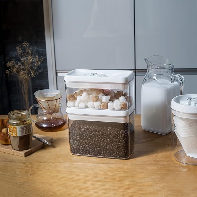 Felli Flip Tite Storage Container with Lid 4” RECTANGULAR Airtight Ring Flip Top, Stackable Kitchen Counter Pantry Organizer Acrylic Canister Jar for Pasta Spaghetti Cereal Granola Coffee (1.9qt)