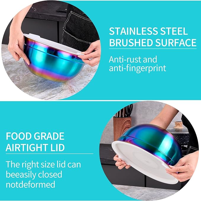 4 Piece Rainbow Mixing Bowls with Lids for Kitchen, Stainless Steel Mixing Bowls Set Ideal for Baking, Prepping, Cooking and Serving Food, Nesting Metal Mixing Bowls for Space Saving Storage