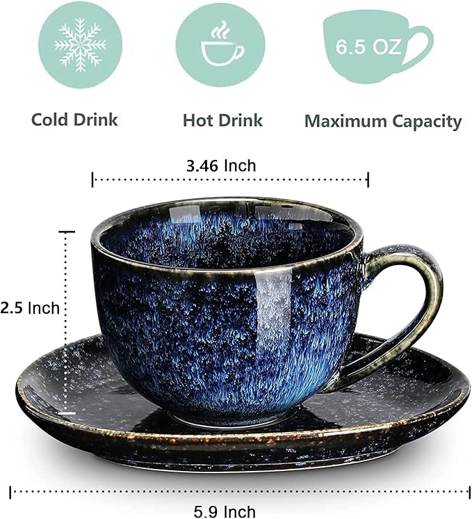 vicrays 6.5 oz Cappuccino Cups with Saucers, Set of 4, Ceramic Coffee Cup for Au Lait, Double shot, Latte, Cafe Mocha, Tea (Starry Blue)