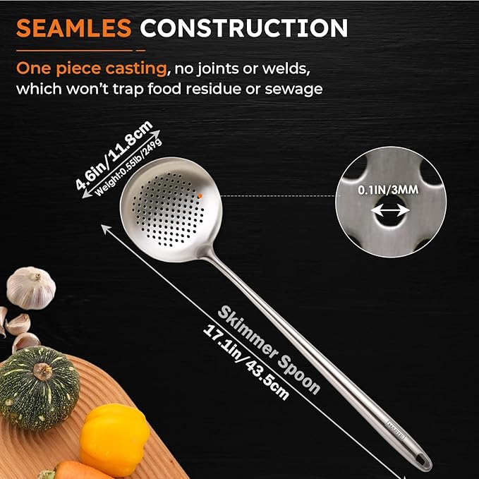 MARTE 17'' Skimmer Slotted Spoon - 304 Stainless Steel Skimmer Ladle Spider Strainer Spoon for Cooking and Frying - Long Pasta Strainer Tools Frying Spoon Kitchen Cooking Utensils Colander Spoon