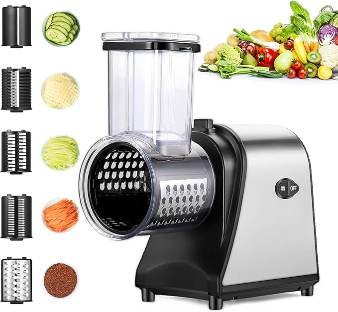 Electric Cheese Grater, 250W Electric Slicer Shredder, One-Touch Control Electric Salad Machine for Cheese, Fruits, Vegetables, Salad Maker with 5 Different Shapes of Blades, 2025 Upgrade