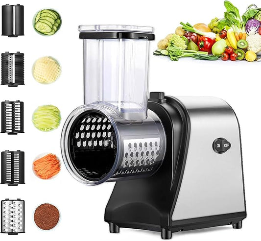 Electric Cheese Grater, 250W Electric Slicer Shredder, One-Touch Control Electric Salad Machine for Cheese, Fruits, Vegetables, Salad Maker with 5 Different Shapes of Blades, 2025 Upgrade