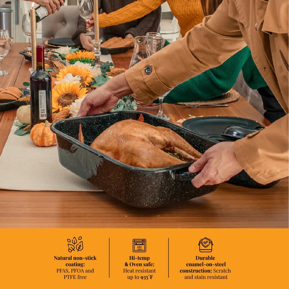 Granite Ware 21 in Oven Rectangular Roaster with lid and V Rack (Speckled Black) - Accommodates up to 25 lb poultry or roast.