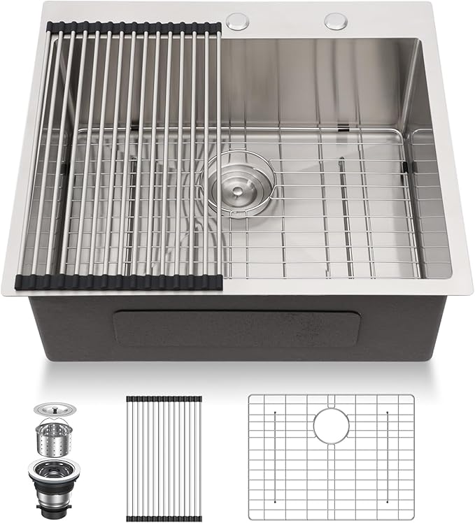 Lordear 25 Drop In Kitchen Sinks - 25 x 22 Single Bowl Stainless Steel 16 Gauge Topmount Over Counter Handmade Kitchen Laundry Room Utility Sink Basin