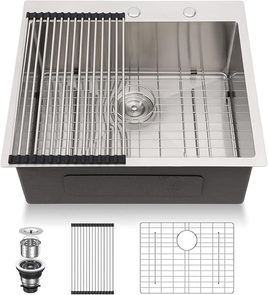 Lordear 25 Drop In Kitchen Sinks - 25 x 22 Single Bowl Stainless Steel 16 Gauge Topmount Over Counter Handmade Kitchen Laundry Room Utility Sink Basin