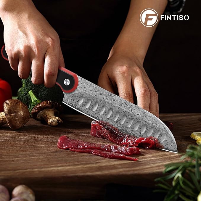 FINTISO Chef Knife 7 Inch Kitchen Knife, Sharp Santoku Knife 67-Layer Damascus Steel with 10Cr15CoMoV Steel Core, Professional Cooking Knife with Ergonomic Full Tang G10 Handle for Chopping Slicing