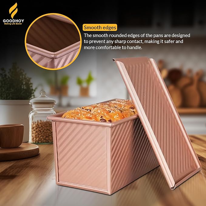 1lb+2lb set Nonstick Pullman Loaf Pan With Lid For Homemade Bread Carbon Steel Sandwich Bread Baking Mold With Sliding Lid Durable Toast Box For Square Loaf Shokupan Soft Milk Bread & Gift Box