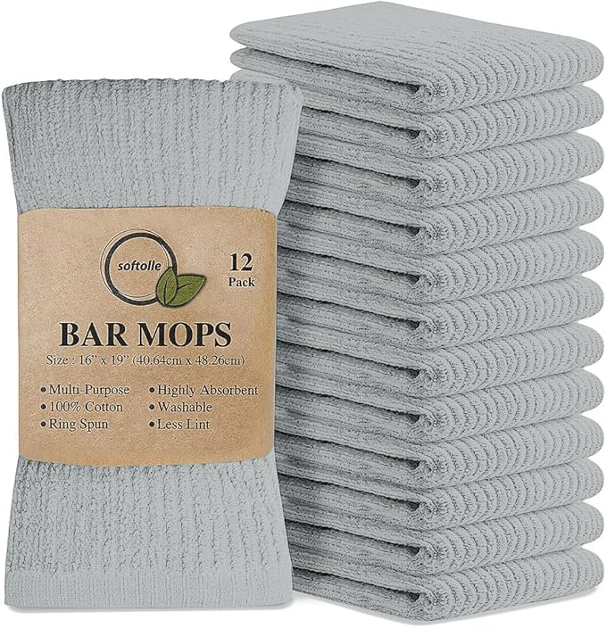 Softolle Bar Mop Towels, Pack of 12-16x19 Inches - 100% Cotton Super Absorbent Towels, Multi-Purpose for Home and Bar Cleaning (Silver Grey)