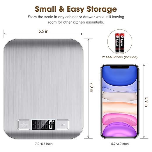 Mik-Nana Food Scale, 22lb Digital Kitchen Scale Weight Grams and Oz for Baking and Cooking, 1g/0.1oz Precise Graduation, Easy Clean Stainless Steel