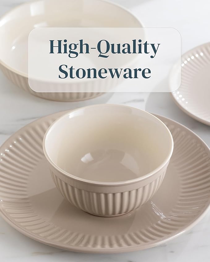 Stoneware Dinnerware Set for 4 People HYGGE 16-Piece - Elegant Scandi Design - Premium Dish Set - Bowl and Plate Set - Tableware for 4 People in a Ribbed Design - Pure Living in Light Brown