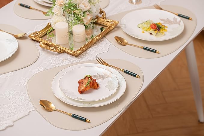 Artistic Bone China Dinnerware Set with Gold Trim, Handcrafted Jingdezhen Design, Glazed Inner Patterns, Service for 4 – Maple Leaf Collection