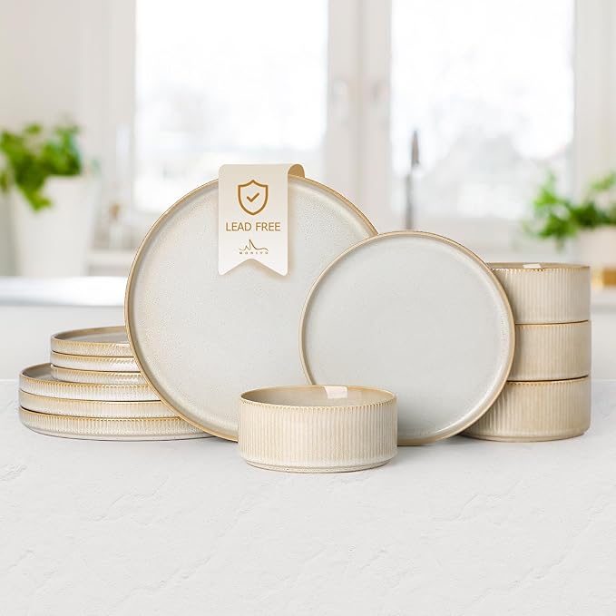 MONITO Ceramic Dinnerware Sets for 4, 12PCS Stoneware Plates and Bowls Sets, Reactive Glaze Dish Set, Chip and Scratch Resistant Double, Microwave and Dishwasher Safe, Beige