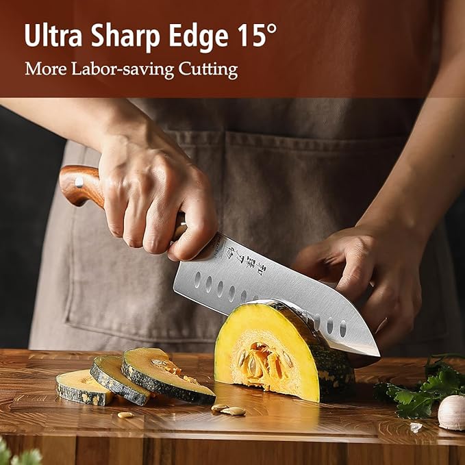 HEZHEN Santoku Chef Knife-7.3 inch Blade German DIN 1.4116 Stainless Steel-Full Tang-Red Wood Handle