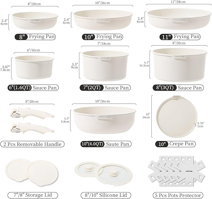 JEETEE Nonstick Pots and Pans Set with Removable/Detackable Handle (Beige, 19 pcs)