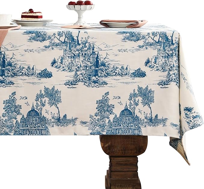 patdrea Designer Cyan Tablecloth for Rectangle Tables,Vintage Linen with Ancient Castle and Manor Pattern Tablecloths,Elegant Table Cover Cloth Decor for Kitchen Dining Christmas,55"*87"