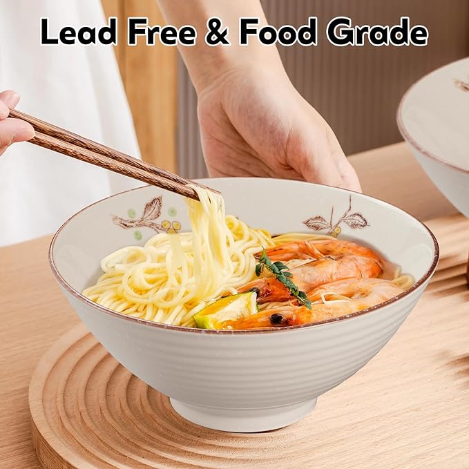 40 OZ ceramic ramen bowls, 8 IN large Japanese noodle soup bowl, match chopsticks and spoons, suitable for Pho, Udon Asian noodles (Flowers and birds)