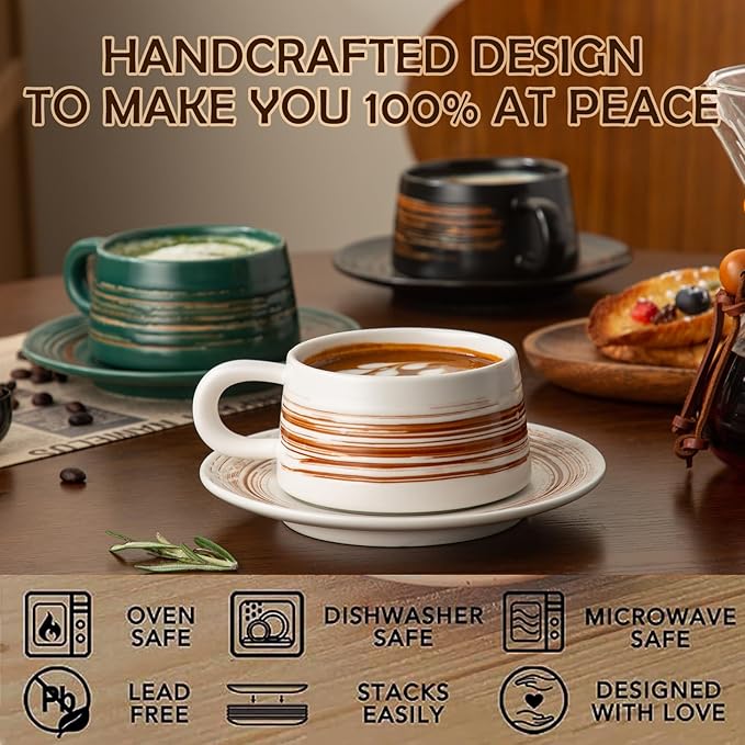 YUN TAO 4-Piece Ceramic Latte Cups with Saucers Set with Ergonomic Handles,Tea Mugs - Elegant Stylish Design for Home Office Cafe Perfect for Coffee Lovers-Birthday Gifts for Women