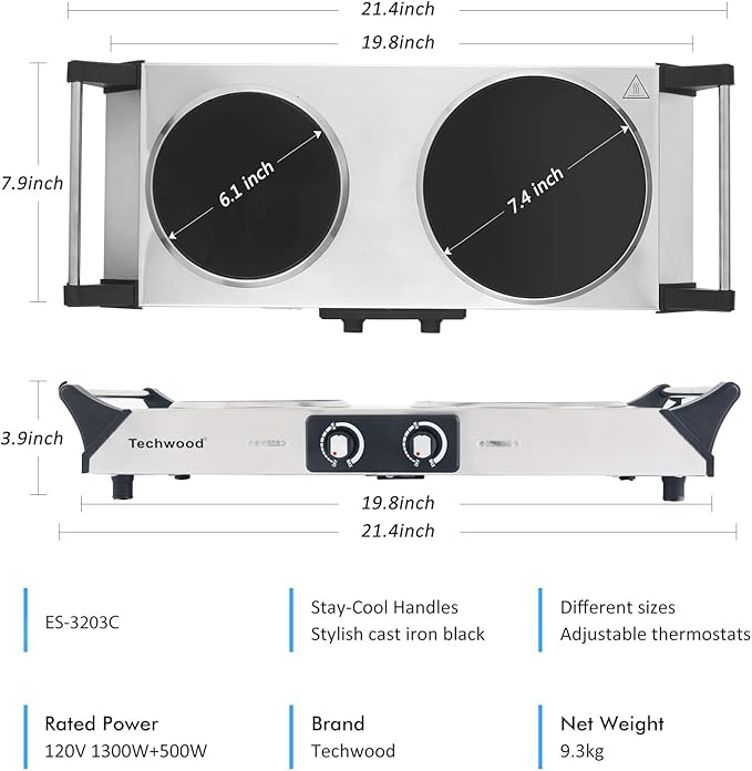 Techwood Electric Stove, Double Infrared Ceramic Hot Plates for Cooking, Two Control Cooktop Burner, Portable Anti-scald handles Suitable for Office/Home/Camp Use, 1800W Compatible for All Cookwares