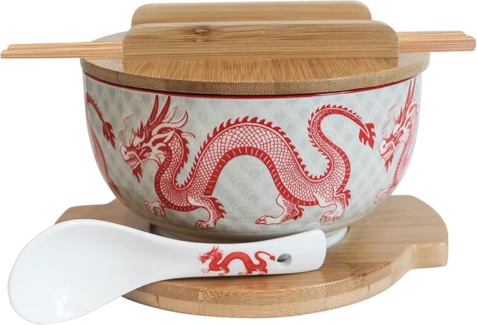 XWORLD Japanese Ceramic Ramen Noodle Bowls Set with Ceramic Spoon, Bamboo Chopsticks, Lid & Trivet, Serving Capacity of 33.8 OZ, Microwavable Oven Safety (3.3” x 6.6” D) (Red Dragon)