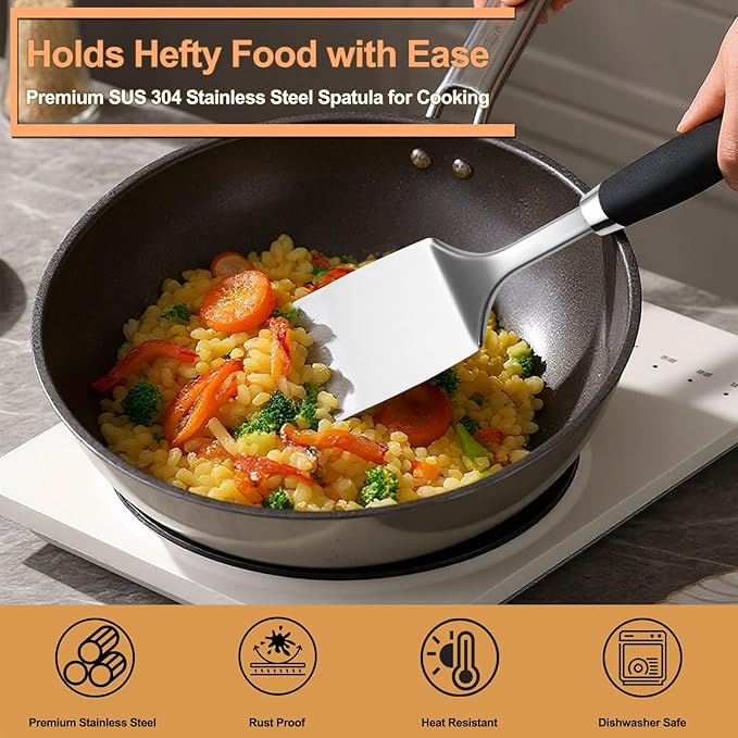 Stainless Steel Spatulas Set, 2 Pack Heavy Duty Solid & Slotted Turner, Metal Spatulas for Kitchen Use, High Heat Resistant Cooking Utensils for Fish Eggs Pancakes