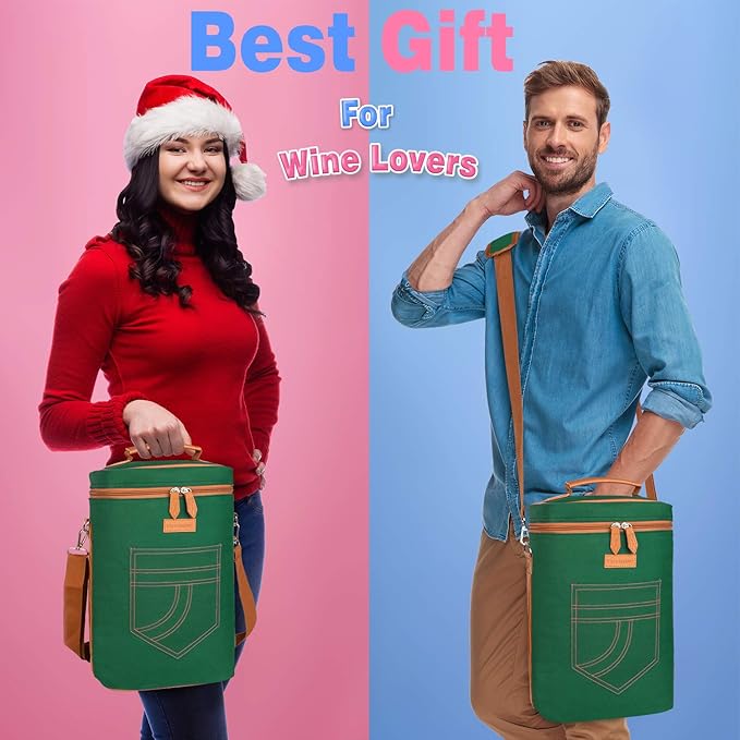 Tirrinia 4 Bottle Wine Gift carrier - Insulated & Padded Portable Wine Carrying Cooler Tote Bag for Travel, BYOB Restaurant, Wine Tasting, Party,Gift for Wine Lovers, Green