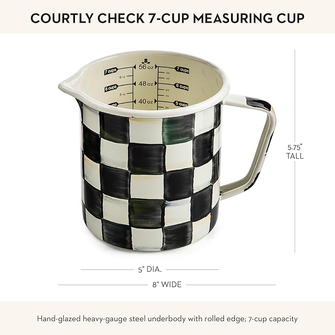 MACKENZIE-CHILDS Enamel 7-Cup Measuring Cup, Decorative Measuring Cup with Spout, Black-and-White Courtly Check