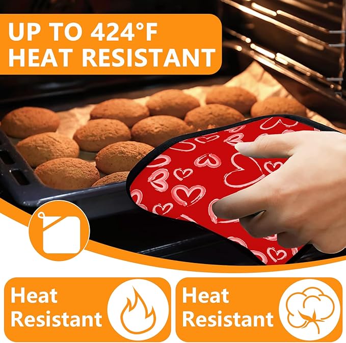 White Love Hearts Oven Mitts and Pot Holders Sets 4Pcs,Extra Long Oven Gloves Potholder for Kitchen Cooking Baking BBQ 100% Cotton Heat Resistant