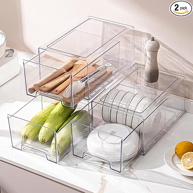 PeJeyiee Clear Stackable Refrigerator Organizers and Storage Drawers - Pull-Out Fridge Bins with Anti-Slip Base & Easy Clean, Plastic Organizers for Kitchen Pantry Cabinet Closet ﻿ (2XL)