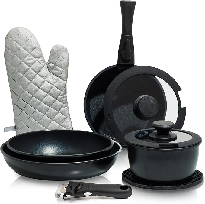 Moss & Stone 10pcs Black Pots and Pans Set Non Stick, Cookware Sets Detachable Handle, RV Kitchen Set Removable Handle, Oven Safe, Induction Ready, Stackable Non-stick Set, Camping Cookware Set