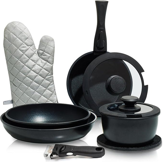 Moss & Stone 10pcs Black Pots and Pans Set Non Stick, Cookware Sets Detachable Handle, RV Kitchen Set Removable Handle, Oven Safe, Induction Ready, Stackable Non-stick Set, Camping Cookware Set
