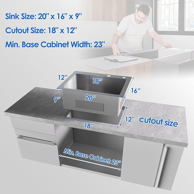 ROVOGO 20x16x9 in. Drop in Kitchen Sink 304 Stainless Steel with 2 Holes, Wet Bar Prep RV Sink Single Bowl, Handmade Kitchen Sink Top Mount, Anti-Noise Sink Tight Radius, Brushed