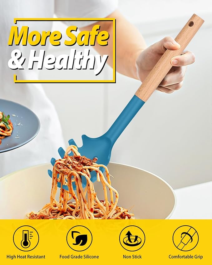 Silicone Pasta Fork and Ladle Spoon Set with Wooden Handle, Heat Resistant Non Stick Kitchen Utensils for Cooking, Stirring, Serving Spaghetti, Soup, Sauce(BLUE)