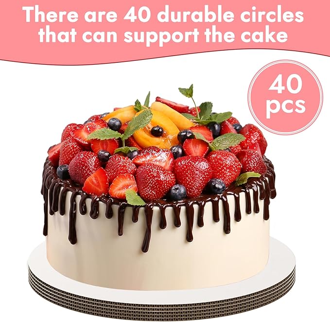 JCD 40 Pcs 9inch White Cake Boards,Cake Boards 9 inches Round,Food-graded Corrugated Cardboard Cake Rounds Ideal for Baking, Cake DIY, Dessert and Crafting(white, 9inch/40Pcs)