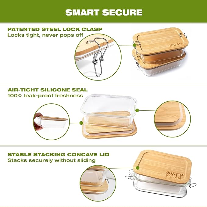 Airtight Glass Food Storage Containers with Bamboo Lids, Set of 4 Secure-Seal Containers for Meal Prep, 100% Leakproof, Plastic Free, Oven & Microwave Safe (4 Pack)