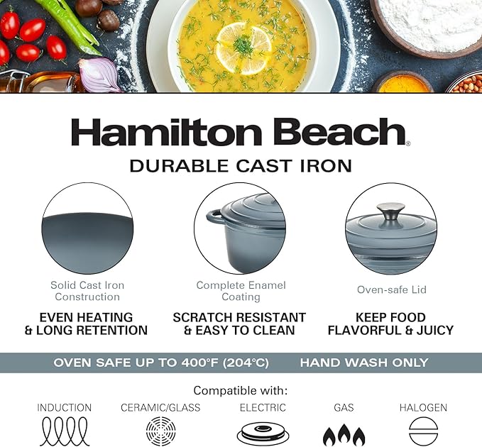 Hamilton Beach Enameled Cast Iron Dutch Oven 5.5-Quart Slate, Cream Enamel Dutch Oven Pot with Lid