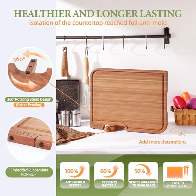 4-PCS Bamboo Cutting Board Set, Wood Cutting Board for Kitchen with Innovative Stand, Juice Groove & Handle, Double Sided for Chopping & Charcuterie Board, Kitchen Gift for Home Cooks, For Meat &Fruit