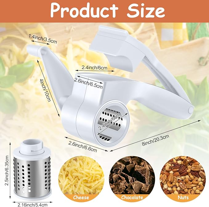 Boao Rotary Cheese Grater Manual Handheld Cheese Grater with Stainless Steel Drum for Grating Hard Chocolate Nuts Kitchen Tool Christmas favors(White)