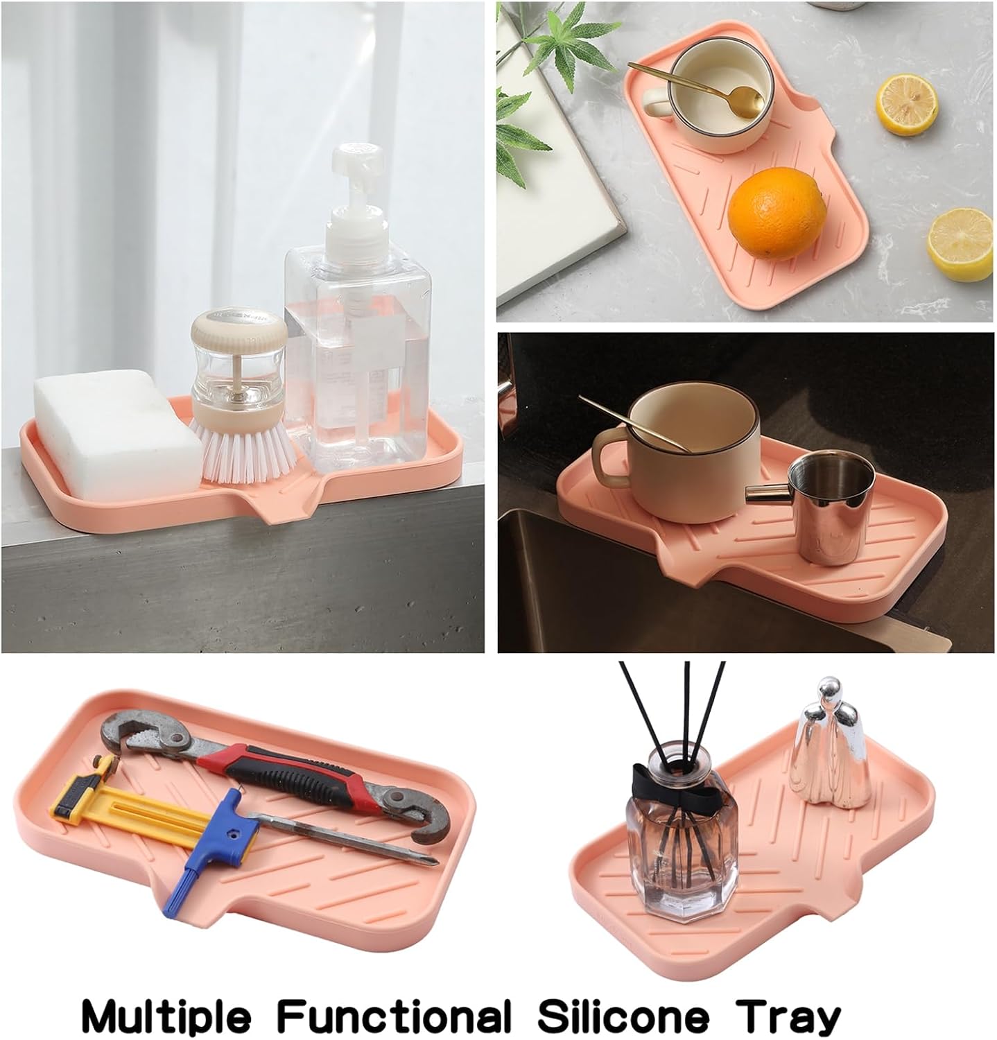 Silicone Bathroom Soap Dishes with Drain Spout-Bathroom and Kitchen Sink Organizer,Sponge Holder,Dish Soap Tray,Perfect for Dispenser,Scrubber,Bottle,Cup on Sink or Counter-Pink 9.6"×5.3"