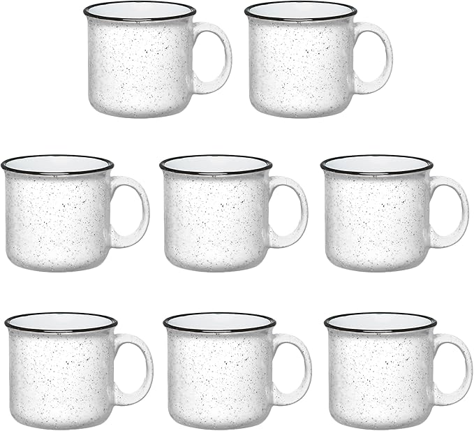 Set of 8 Ceramic Campfire Mugs – 15 Oz, White – Coffee & Tea Cups for Home, Work, Travel, Camping – Customizable, Great for DIY, Events, Companies